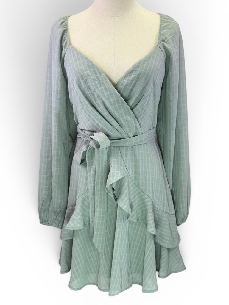 Trixxi Sage Green Plaid Print Ruffle Wrap Belted Mini Flare Dress Size M Nwt